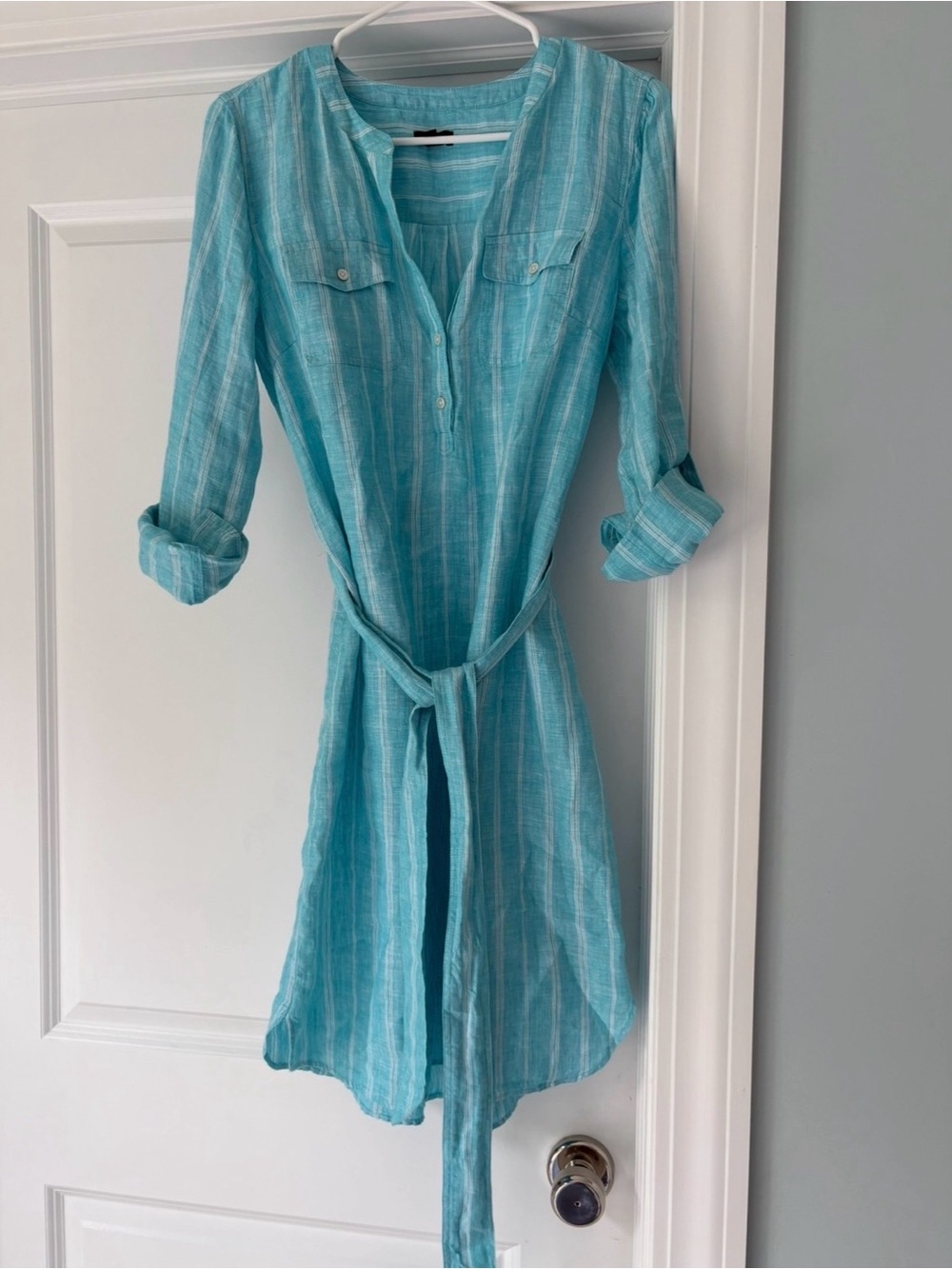 Talbots dress linen popover dress, belted size small aqua blue turquoise